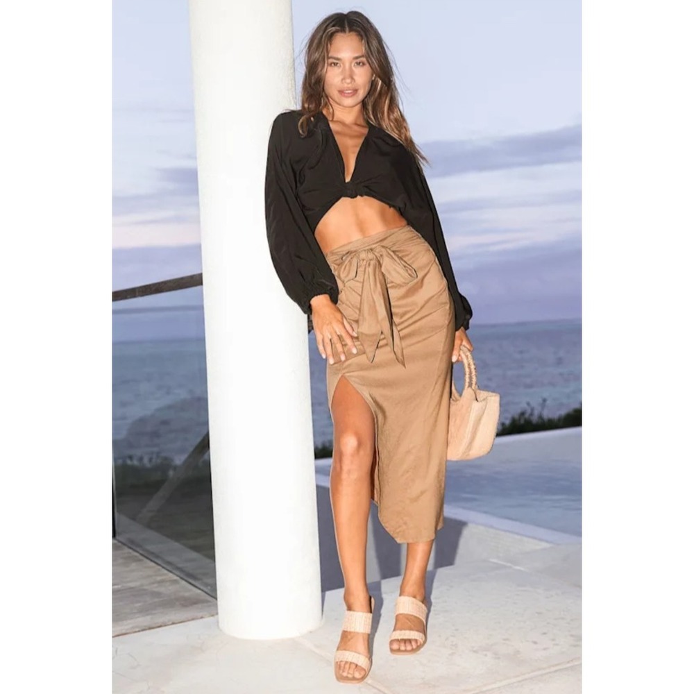 Lulus Women Medium Take the Chance Tan Faux Wrap Midi Skirt Boho Coastal cowgirl - Picture 10 of 12